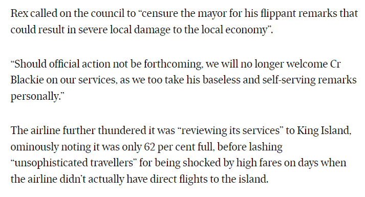 The mayor of King Island said Rex was price-gouging his constituents. So Rex said he had to take it back or he couldn't fly with them anymore Today's column, feat. the most extraordinary case of airline pique since Qantas banned the AFR from its lounges: afr.com/rear-window/an…