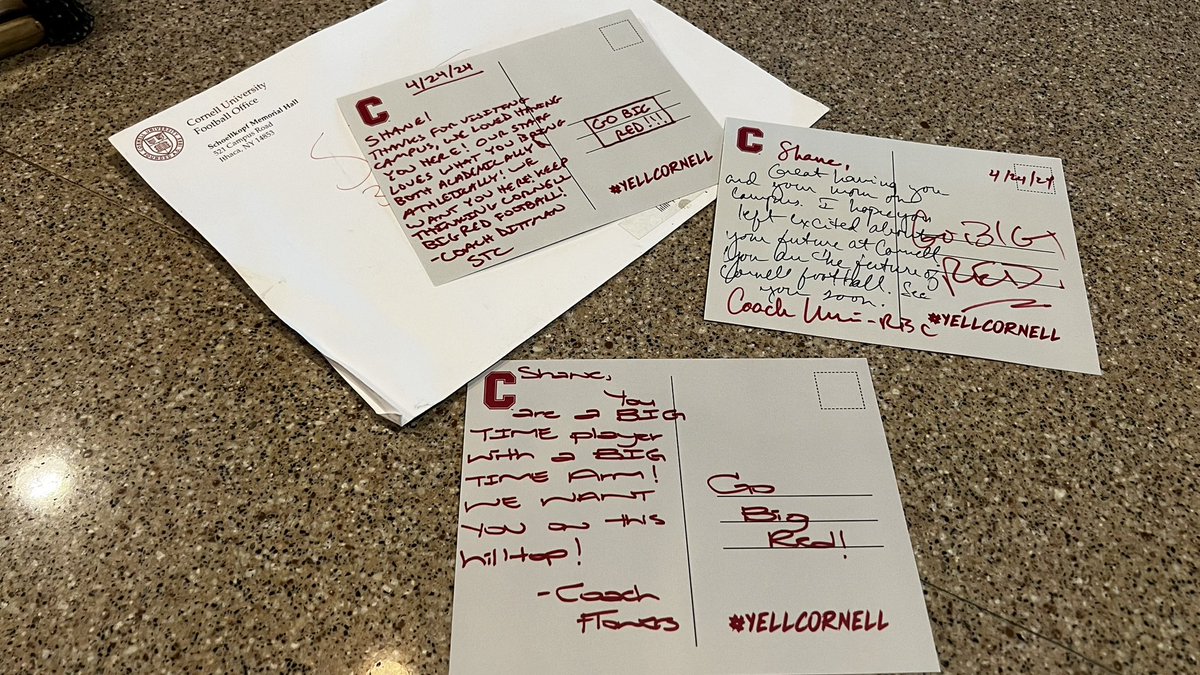 Thank you to all the Cornell coaches for the cards today! I really appreciate this! @DanSwanstrom @TerryUrsin @Cornell @BigRed_Football @coachjlovelady @MC_Recruiting @MCFootballCoach