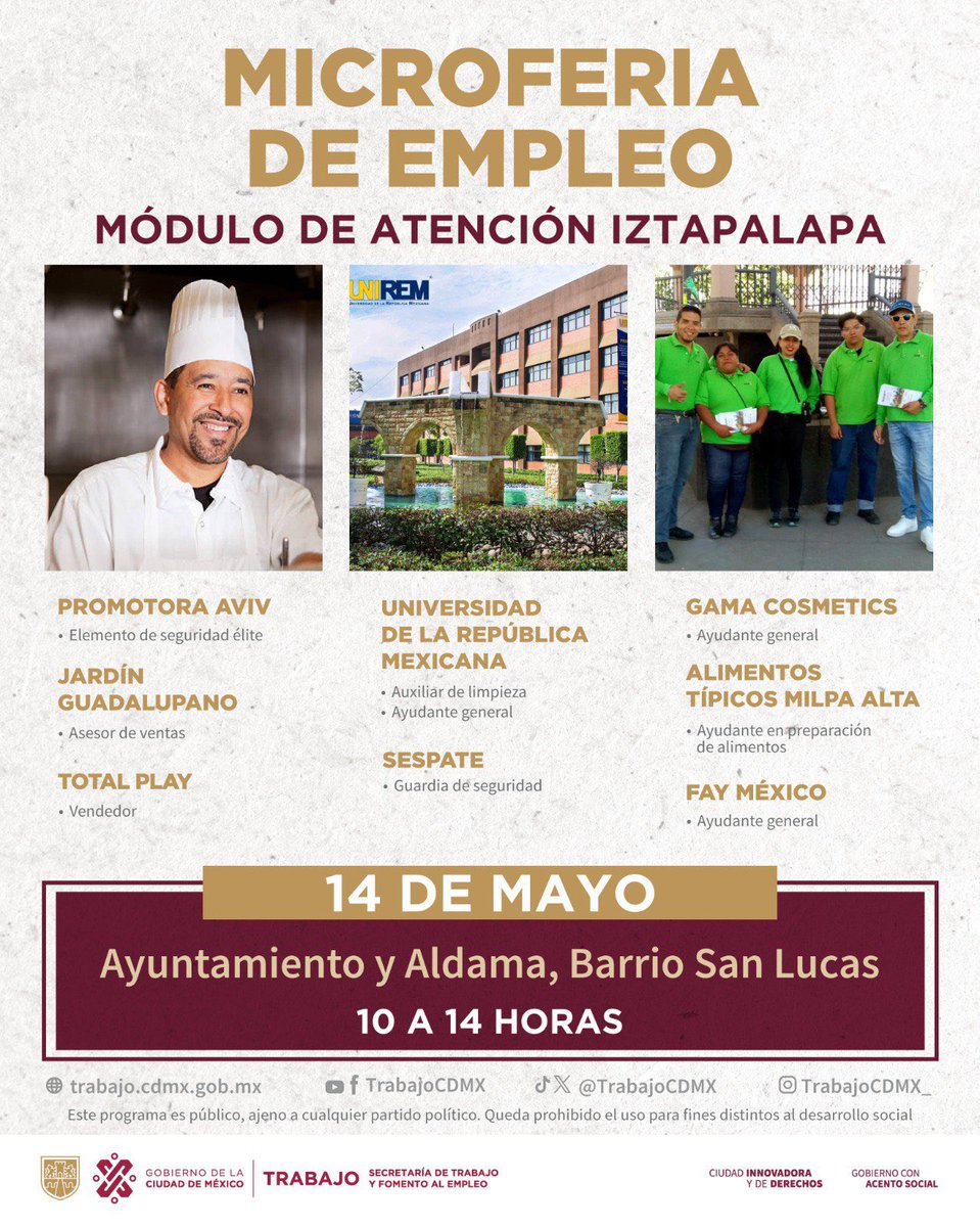 ✅ Si te encuentras buscando trabajo, asiste a la Microferia de Empleo en Iztapalapa, se llevará a cabo el 14 de mayo de 10 a 14 horas en Ayuntamiento y Aldama, Barrio San Lucas, lleva identificación oficial, CURP, solicitud de empleo elaborada o CV. 🧑🏽‍💼👩🏽‍💻 #TrabajoEnLaCiudad 🏙️✨