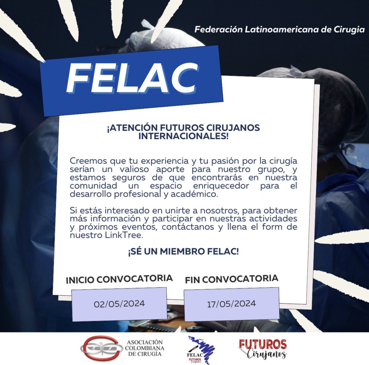 ¡Estamos abiertos para llamadas! 📞 FELAC es una comunidad dedicada a fomentar el intercambio de conocimientos, experiencias y mejores prácticas en el campo de la cirugía. 🩸💉