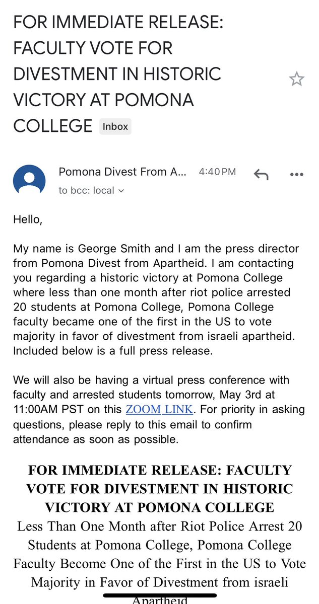 Inbox: Pomona College faculty vote in favor of divestment from Israel. They’re asking the college to begin w/ removing direct investments in the 11 firms widely identified by Palestinian civic organizations including Barclays, CAF, Chevron, Elbit Systems Ltd., HD Hyundai, Volvo.