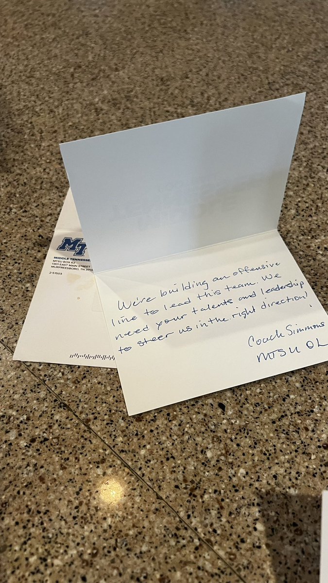 Thank you Middle Tennessee Football for the card today! I really appreciate this! @CoachBodie4 @CoachDerekMason @MTFB_Recruiting @coachjlovelady @MC_Recruiting @MCFootballCoach