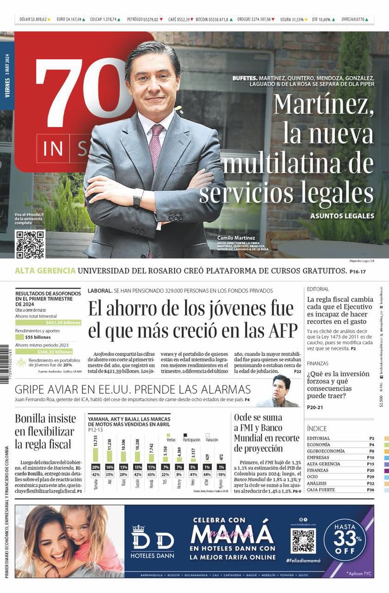 #Economía | Esta es la portada del diario La República para este viernes 3 de mayo del 2024. La República, primer periódico económico, empresarial y financiero de Colombia.