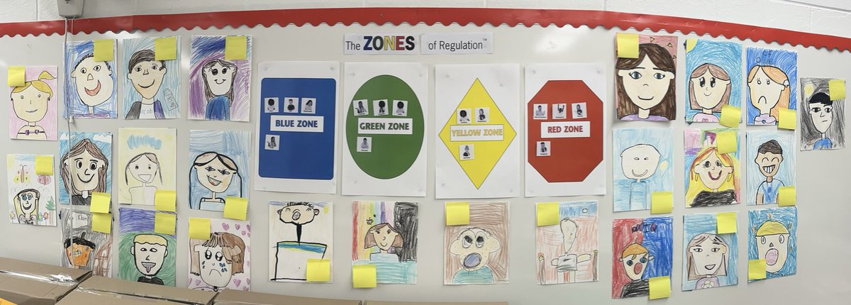 First grade did such a great job on their self portraits showing different feelings as they continue to learn about the Zones of Regulation. #pawsome58 #dg58pride @ZonesOfReg⁩ ⁦@1stgradefun⁩