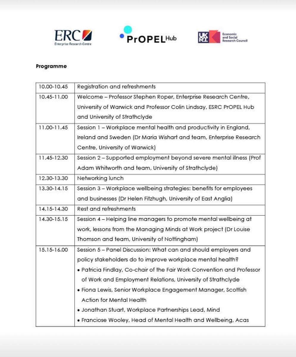 Agenda finalised for our @ERC_UK & @ESRC @PrOPEL_Hub Knowledge Into Programme event on 20 May: “Workplace Wellbeing, Employee Mental Health & Productivity”. Looking forward to hearing from @PrOPEL_Hub researchers like @DrFitzhugh & @FindlayPatricia… & experts from across the UK.