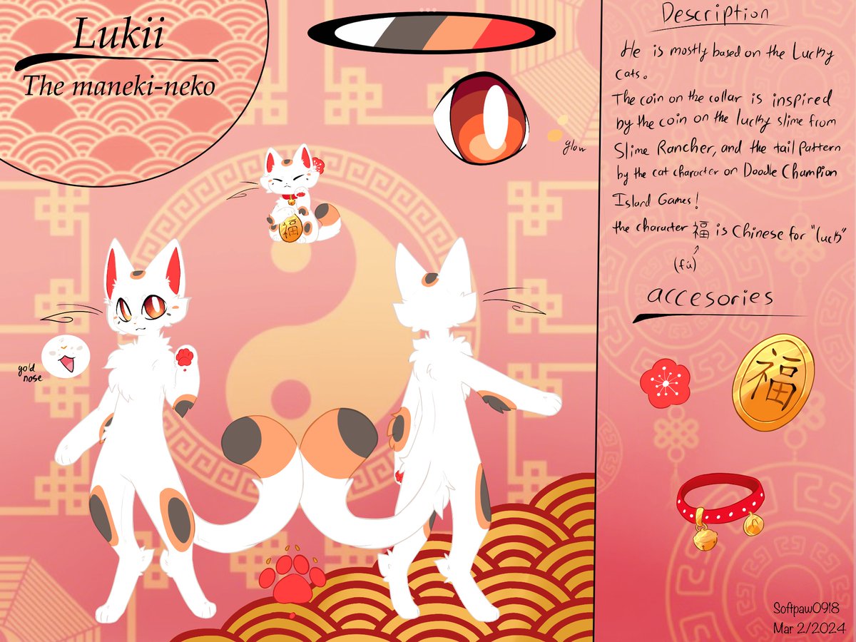 Ref sheet of a new silly lil guy:3
this is Lukii the Maneki Neko!