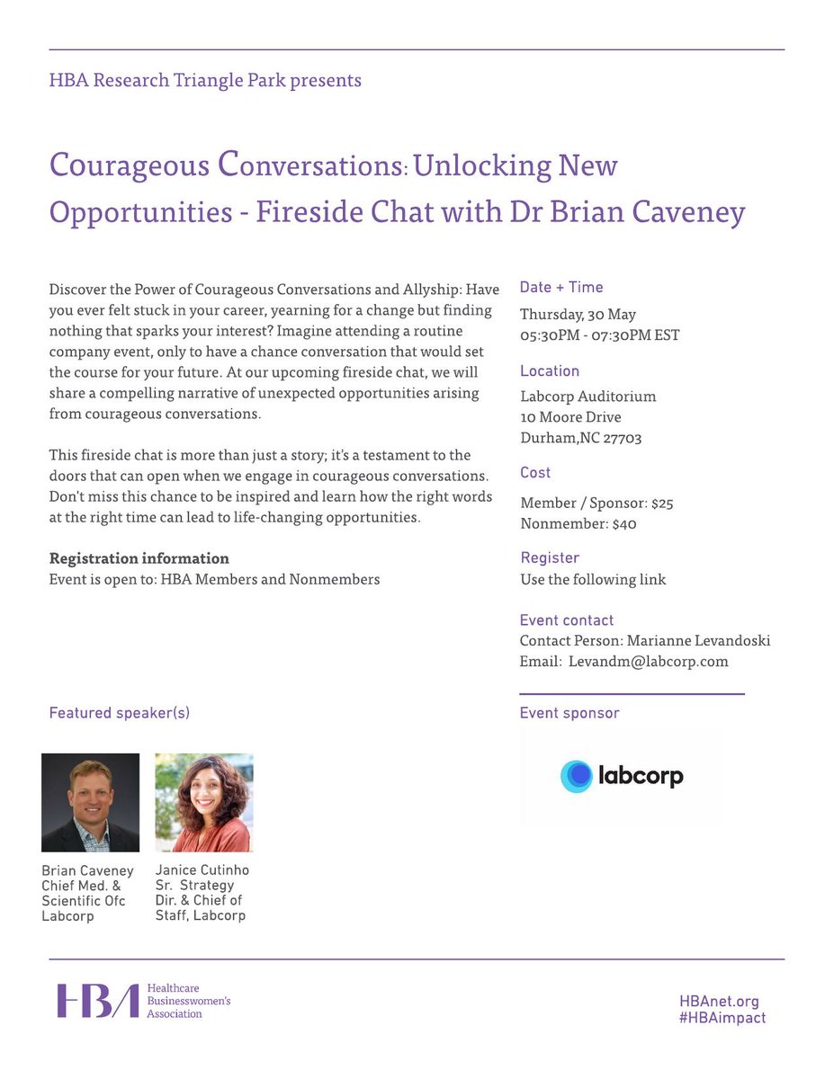 Join the #HBArtp for Courageous Conversations: Unlocking New Opportunities - Fireside Chat with Dr. Brian Caveney on May 30 @ 5:30-7:30 PM @ Labcorp Auditorium, 10 Moore Drive, Durham, NC, To register: lnkd.in/e44kuYhe  #HBAimpact