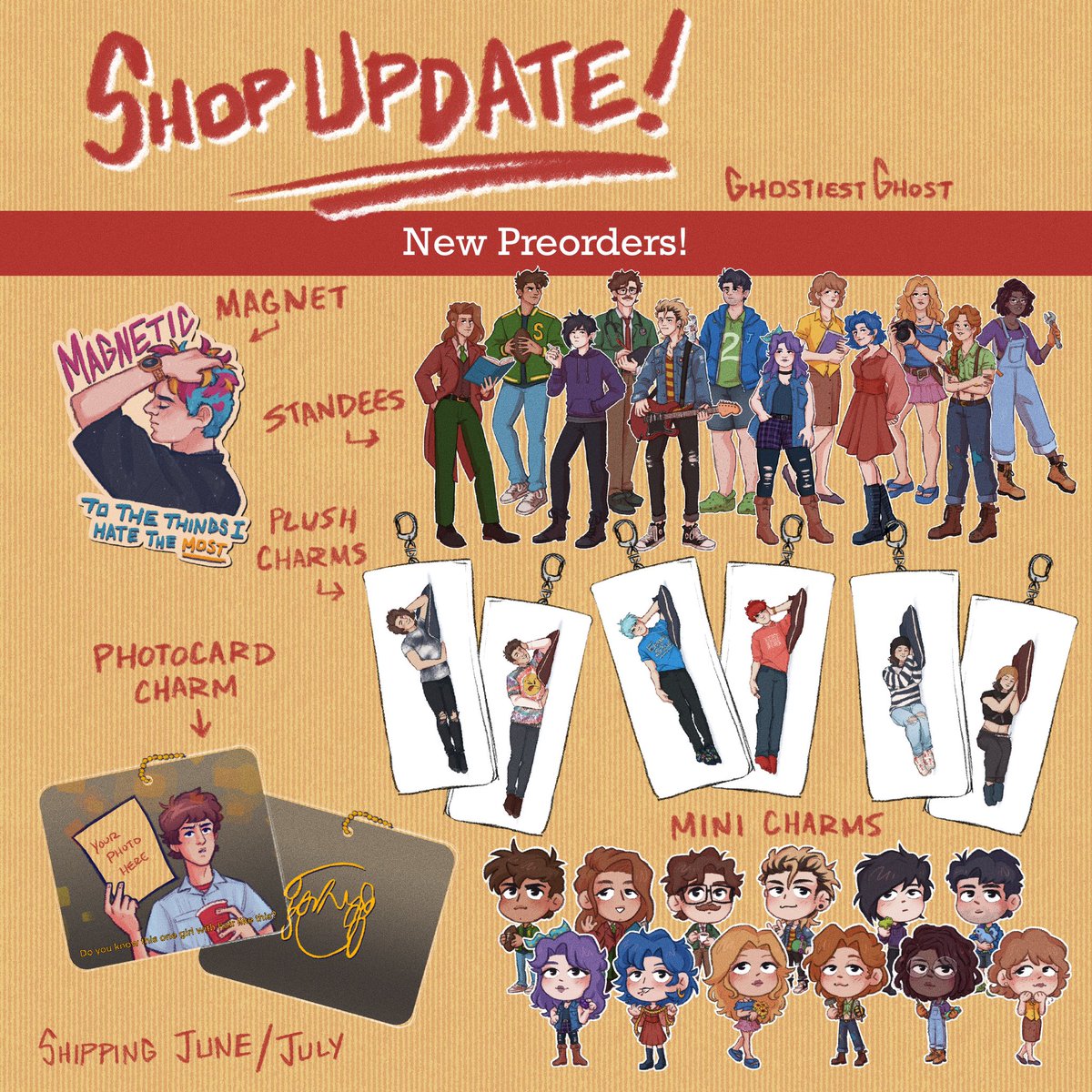 new stuff for the summer! including stuff I’ve never made before like 3-piece standees, body pillow charms, and acrylic magnets! 🌟