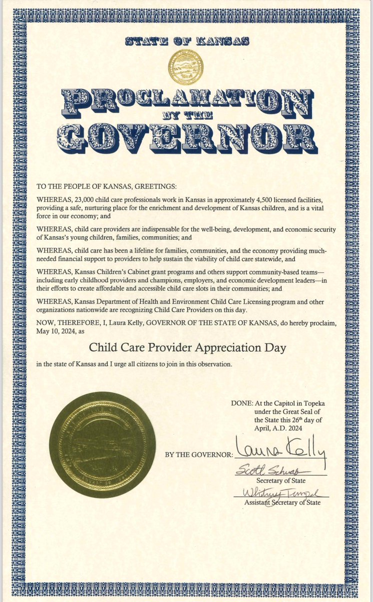 As the Governor said, we appreciate the work that you do and the role you play in creating healthy, safe, and fun environments for our children to learn, play, and develop. In addition to the incredible support provided to families of all kinds.

#ChildCareMatters #ChildCareinKs