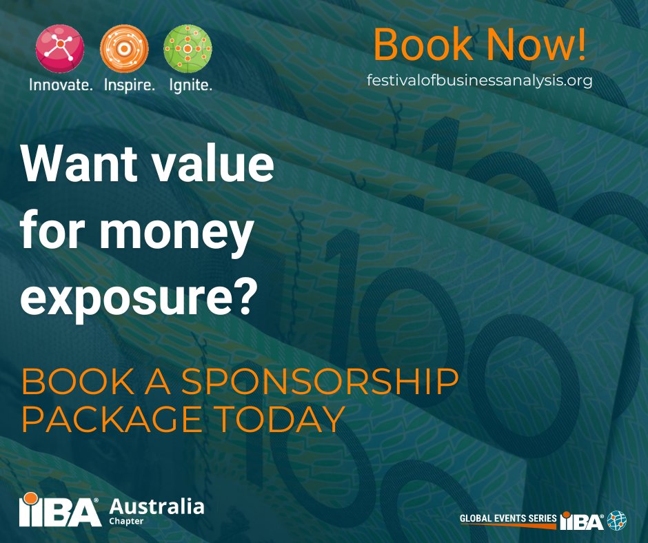 Looking for maximum brand visibility within a reasonable budget? Sponsor the IIBA Australia Festival of Business Analysis, 14 - 18 October 2024!

festivalofbusinessanalysis.org/sponsors-exhib…

#IIBA #businessanalysis #businessanalyst #iibafoba #adelaide #brisbane #melbourne #perth #sydney #online