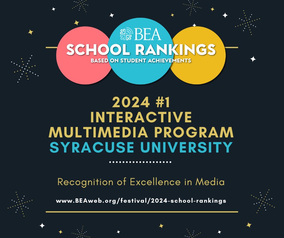 We congratulate @syracuseu on their #1 Interactive Multimedia Program ranking in BEA’s 2024 rankings of schools based on the creative achievement of their students. The rankings are founded on the results from the #BEAFestival. beaweb.org/festival/2024-…
