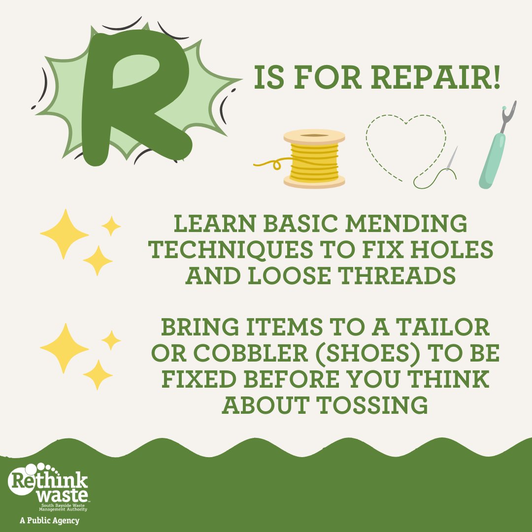 Before thinking about tossing a broken or ripped garment into the landfill, consider repairing it to give it a longer life. Basic sewing is a skill that can be learned from online tutorials or classes (look to your local library) that can save you a lot of money in the long run!