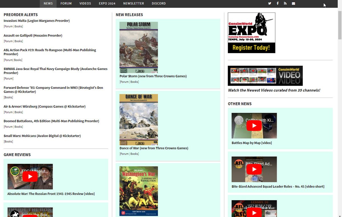 Read the latest news. 33 News items posted on 2 May. consimworld.com 

Register for CSW Expo 2024! 165 registered. expo.consimworld.com 

Don't miss our video feed curated from 35 YouTube channels covering consim gaming! consimworld.com/videofeed/ #consimworld