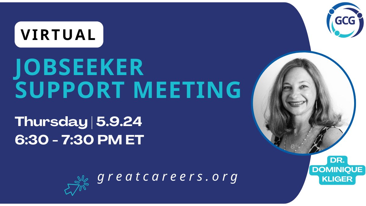 Virtual Jobseeker Support Group with Chapter Leader Dr. Dominique Kliger.

Thursday, 5.9 | 6:30-7:30 PM ET

Register to get the Zoom link at greatcareers.org/events. 

➡️ Follow #GreatCareersPHL

#jobseeker #jobsearch #opentowork #careersupport