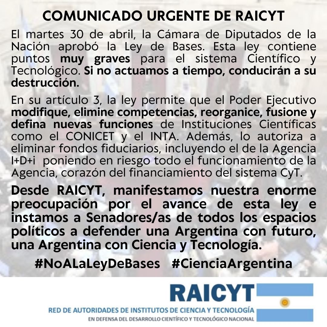 Compartimos comunicado urgente de nuestra red, luego de la reciente sesión de la Cámara de Diputados, en que se puso en grave riesgo a todo el sistema de Ciencia y Tecnología. 

#NoALaLeyDeBases
#CienciaArgentina