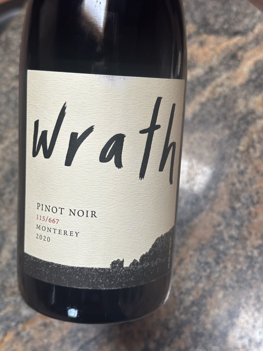 hey all / Wrath Pinot Noir / 115/667 clone blend / v. 2020 / Monterey Co. / curiously / it's a full-bodied New World expression of Gevrey-Chambertin / Cheers!