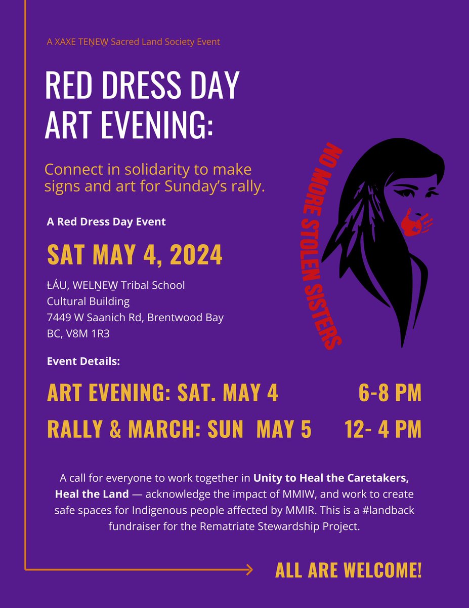 You Are Invited to Attend the Red Dress Day Art Night, March & Rally #MMIR #MMIW 1️⃣ART NIGHT: 🎨🖌 WHEN: Saturday, May 4th 6-8pm 2️⃣MARCH AND RALLY 🗣🚺 WHEN: Sunday, May 5th 12:00 - 4:00 pm Visit rematriate.ca to find out how to donate to the upcoming fundraiser.