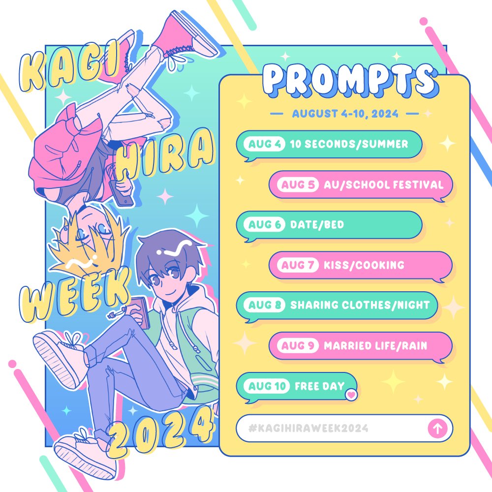 Here it is! The official prompt list for #KagihiraWeek2024 ✨

The event will be held August 4-10!✨

Please read the replies below for rules and more info! ✨
