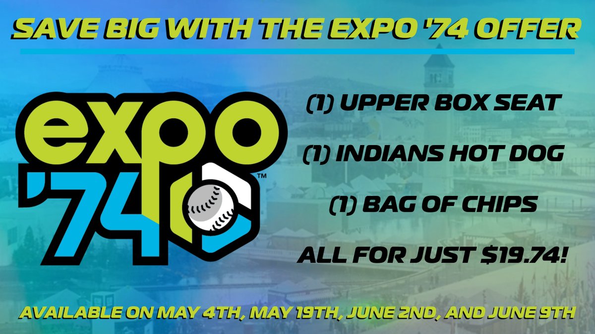 Catch the 'Spirit of '74' with this special ticket offer that includes (1) Upper Box Seat, (1) Indians Hot Dog, and (1) Bag of Chips for just $19.74! Available for all four of our Expo '74 games—including this weekend's debut game on Saturday! #GoSpo 🔗 fevo-enterprise.com/group/Expo74