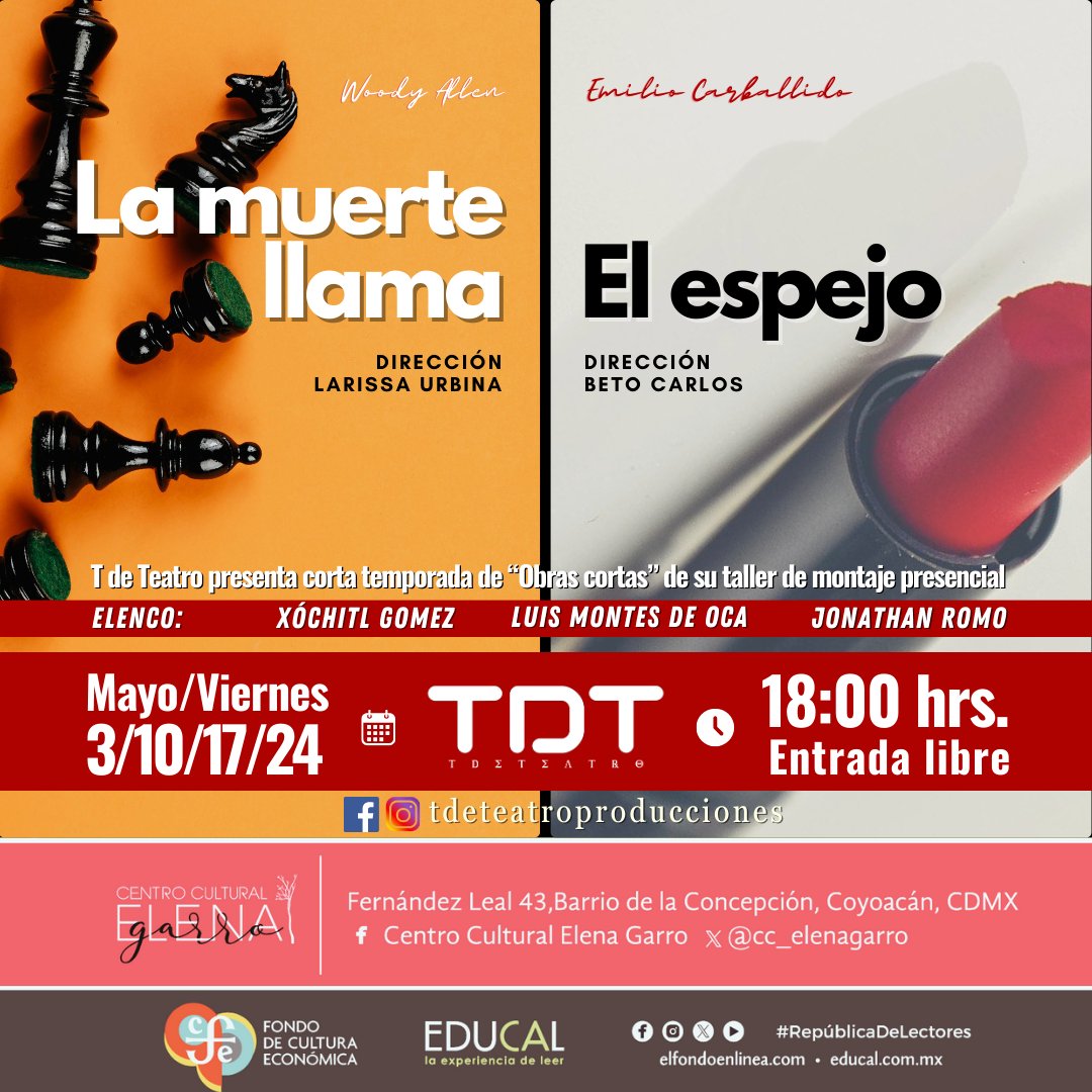 #ActividadesCCEG T de teatro presenta 'Obras cortas'. Los esperamos mañana a las 18 horas. #EntradaLibre #RapúblicaDeLectores @libreriaseducal