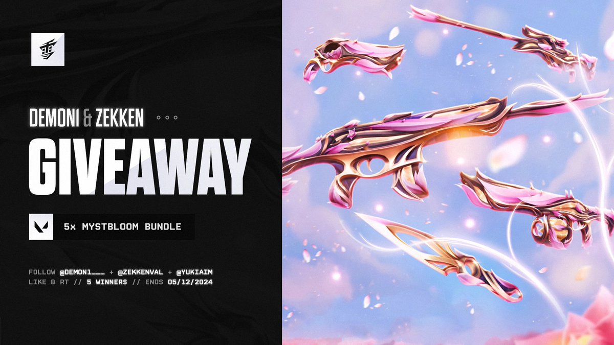 🌸Demon1 x Zekken Giveaway 🌸

✦ 5x Mystbloom Bundle ✦

To enter:
1⃣Follow <a href="/Demon1___/">LEV Demon1</a> + <a href="/zekkenVAL/">z</a> + <a href="/YukiAim/">Yuki Aim</a> ✦
2⃣Like + RT this tweet ✧

🏆 5 Winners ✦
📅Ends May 12, 2024 ✧