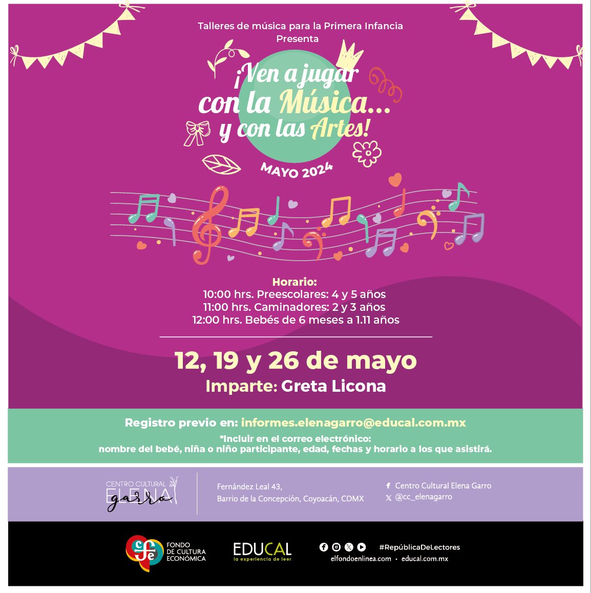 #Taller gratuito. #Taller ¡Ven a jugar con la música...y con las artes! 🟠Registro previo: informes.elenagarro@educal.com.mx #RepúblicaDeLectores @LibreriasEducal