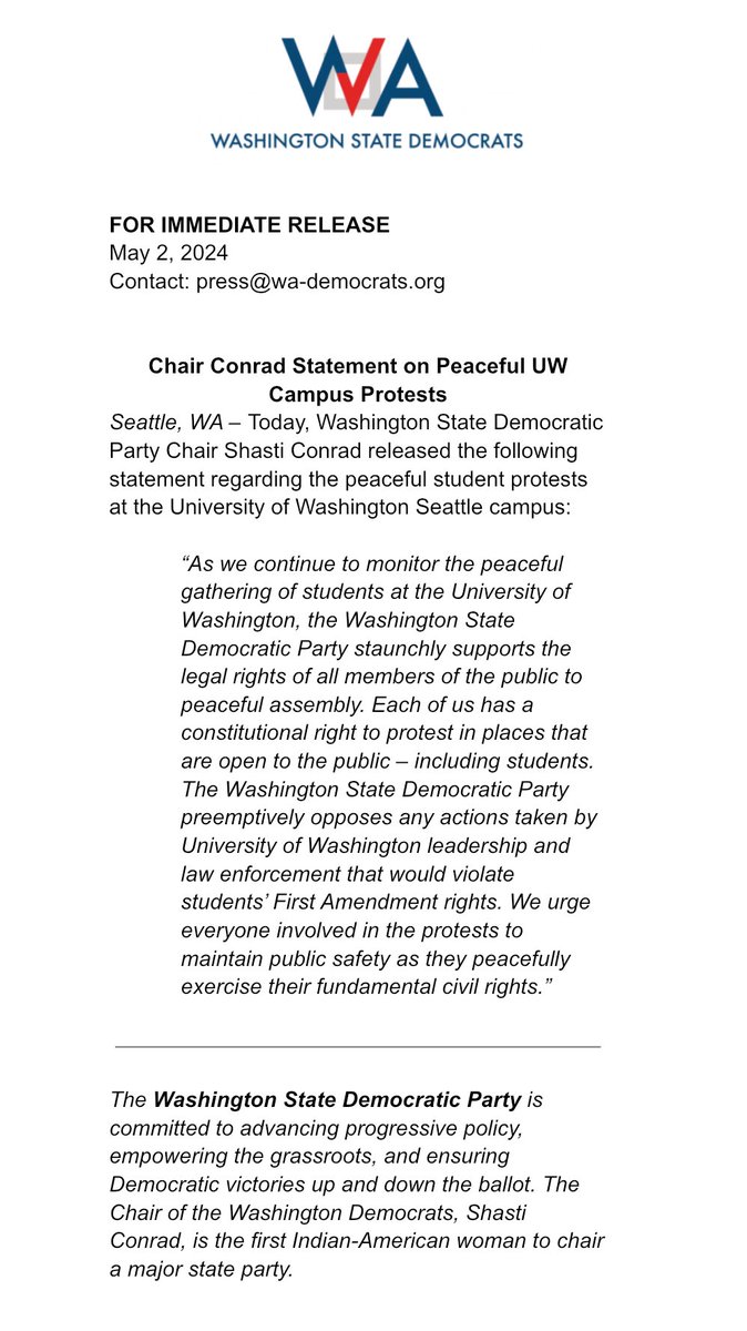 WA Democratic Party Chair .@ShastiConrad released the following statement on the peaceful UW campus protests: