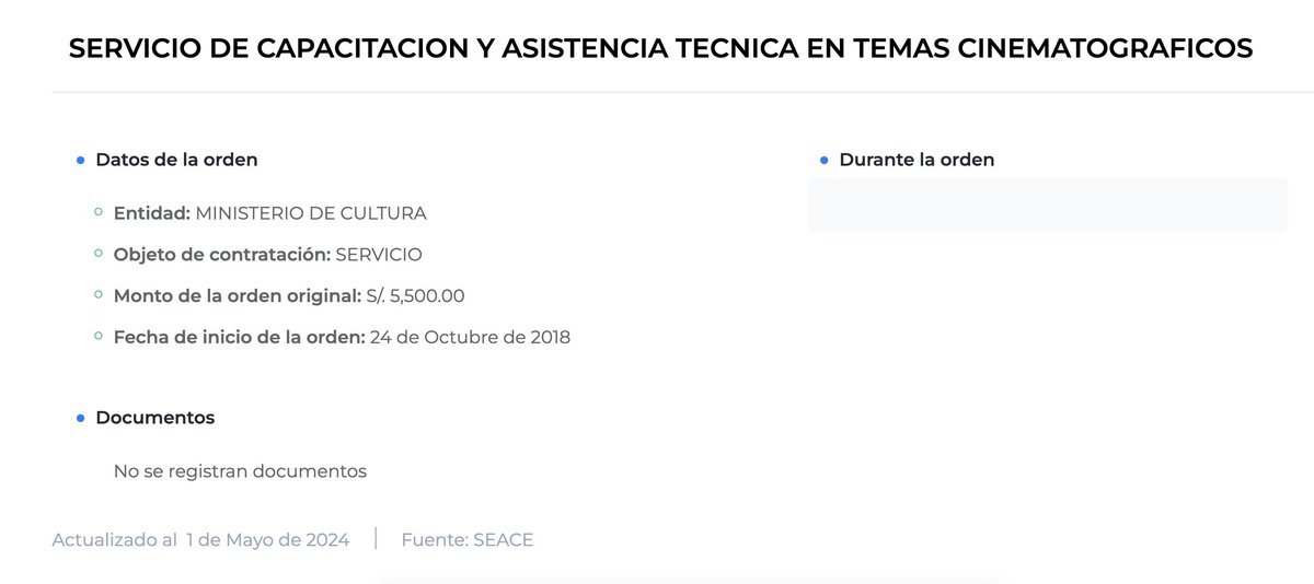 Para terminar con el tema de la película y el director Joel Calero Gamarra, no sólo cobró en el @MinCulturaPe premios, sino también fue contratado como jurado de concursos de cine y para dictar talleres. En ninguno de las órdenes se encuentran documentos asociados. 
Espero que…