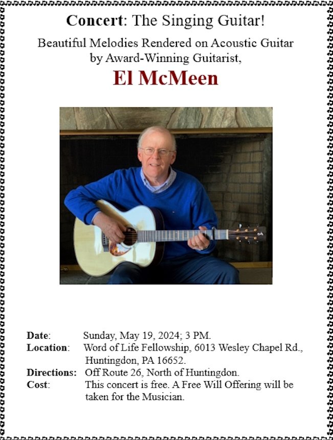Guitar concert on May 19 in Huntingdon, PA! Come on down!