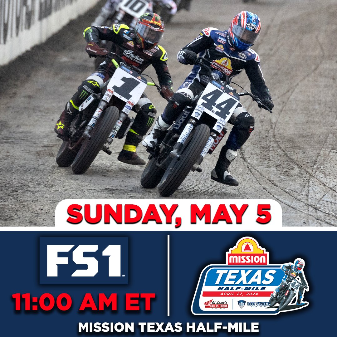 🚨‼️ TUNE-IN ALERT! The @MissionFoodsUS Texas Half-Mile presented by Roof Systems and Al Lamb's Dallas Honda airs on @FS1 THIS Sunday, May 5th, at 11:00 a.m. ET (8:00 a.m. PT) 🗓️✍️

#ProgressiveAFT #AmericanFlatTrack #FlatTrack #Motorsports #Racing