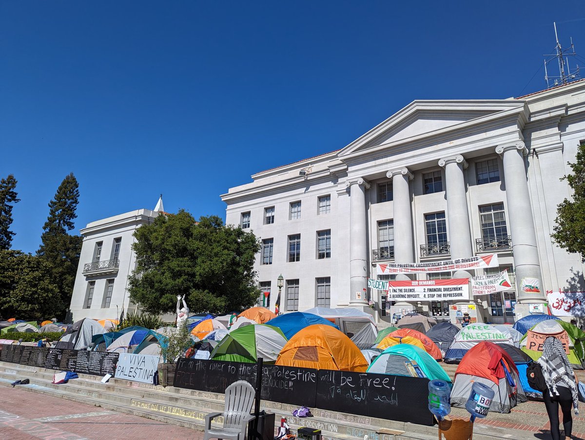 Sproul Plaza, UC Berkeley - as it happens, this is exactly where I protested the invasion of Iraq in 2003. The large encampment is relaxed and organized, and it was very easy to get information and request interviews