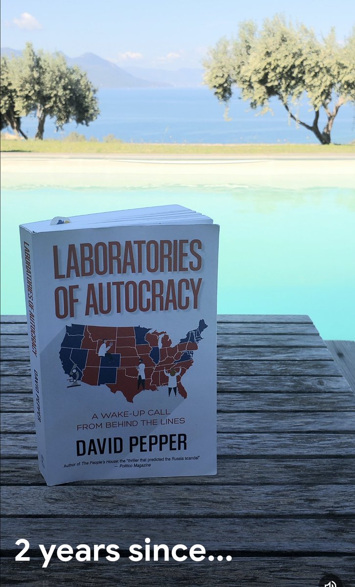 #TBT to 2022 vacation in Greece, birthplace of democracy, reading my first but not last @DavidPepper book. In retrospect, an ironic reading choice, but still a relevant one. Glad that the sequel on what to do about it has since been released!