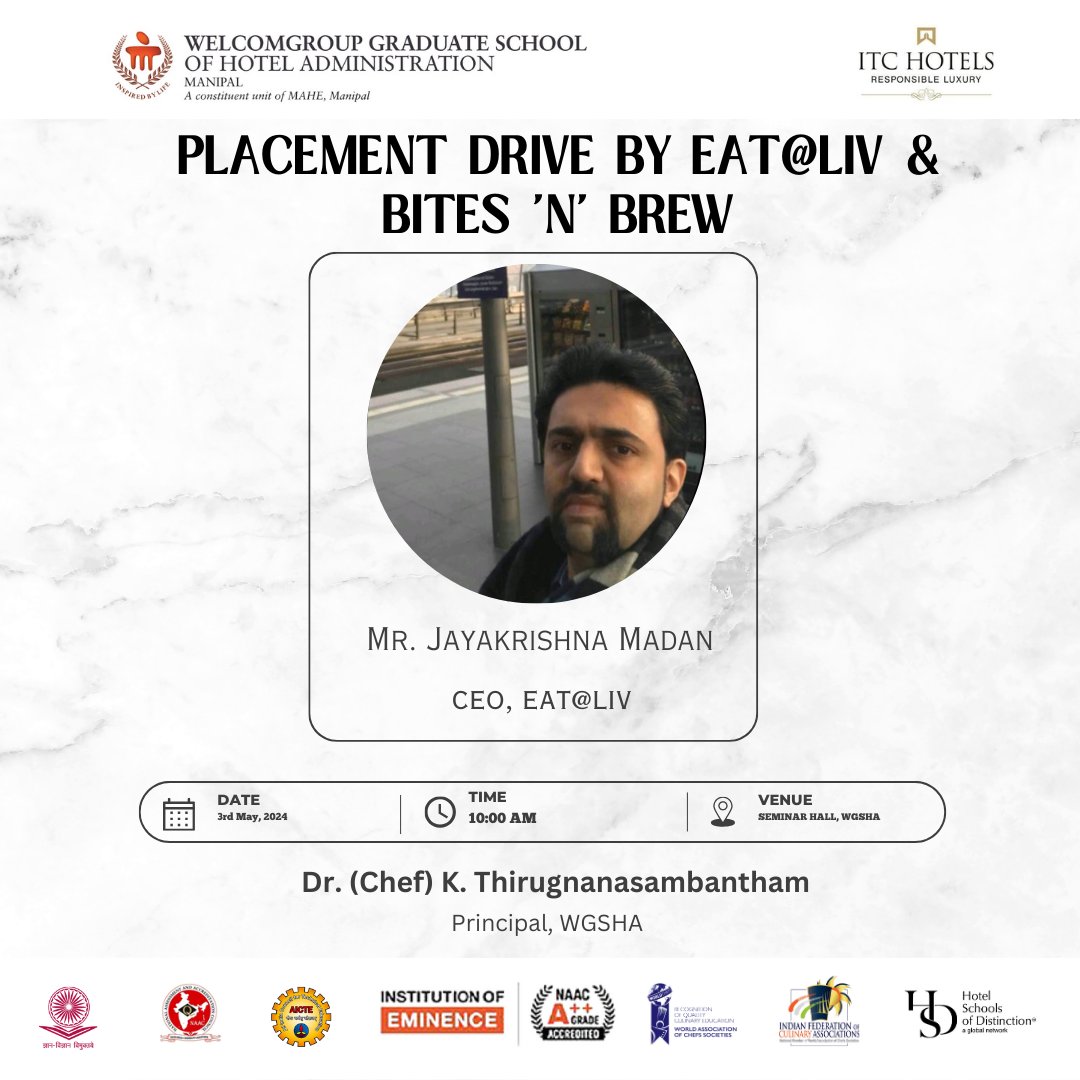 WManipal's tweet image. We are delighted to warmly welcome Mr. Jayakrishna Madan, CEO of EAT@LIV, as he joins our esteemed organization as a valued recruiter. 
@THIRUCHEF @itchotels @itccorpcom @mahe_manipal
#placement #hotelmanagement #culinaryscience #wgsha #mahe #manipal #culinaryarts #admissionsopen