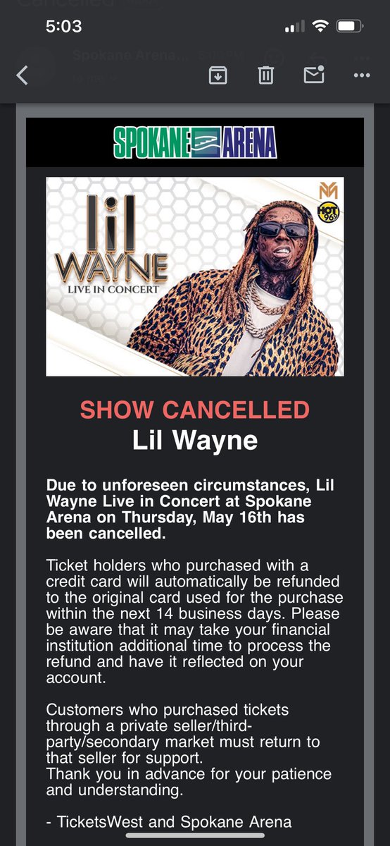 This is sooooo sad!! I was looking forward to this concert for so long🥲🥲🥲🥲🥲 @SpokaneArena 

@LilTunechi I still love you but I’ve always wanted to see you in person!!