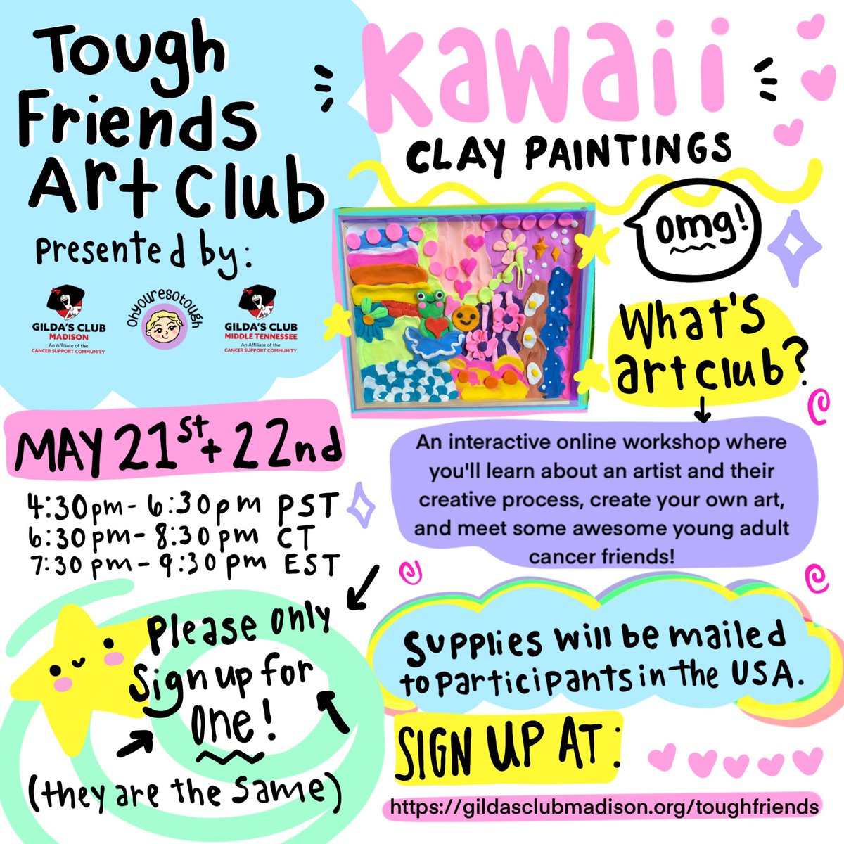 Registration for the next Tough Friends Art Club is live! This is a 100% free program for young adult cancer folks - we have two dates feel free to sign up for the one that works best for you! gildasclubmadison.org/get-support/yo…