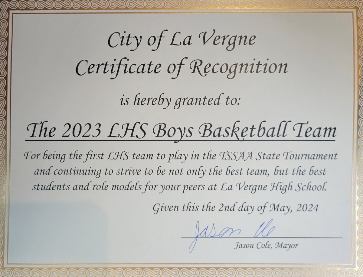 Thank you to @JasonBCole and the city of La Vergne for recognizing the team!