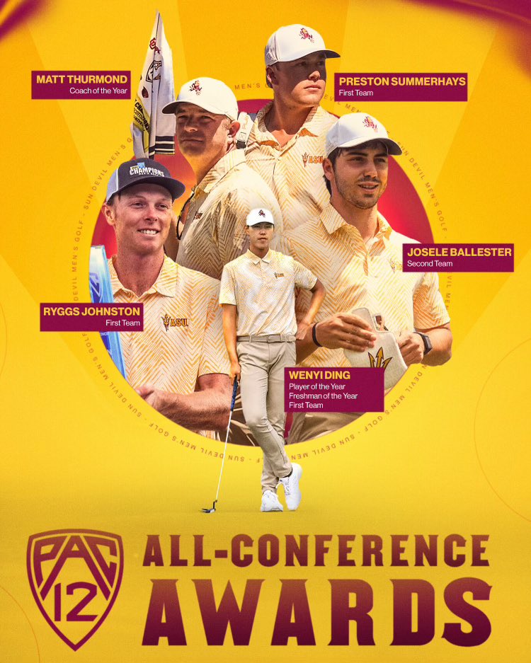 Decorated Devils 😈 The @Pac12 announced their postseason awards and @SunDevilMGolf is well represented 😎 ▪️Preston Summerhays - 1st Team ▪️Ryggs Johnston - 1st Team ▪️ Josele Ballester - 2nd Team ▪️Wenyi Ding - Player/Freshman of the Year; 1st Team; All-Freshman Team ▪️ Matt…