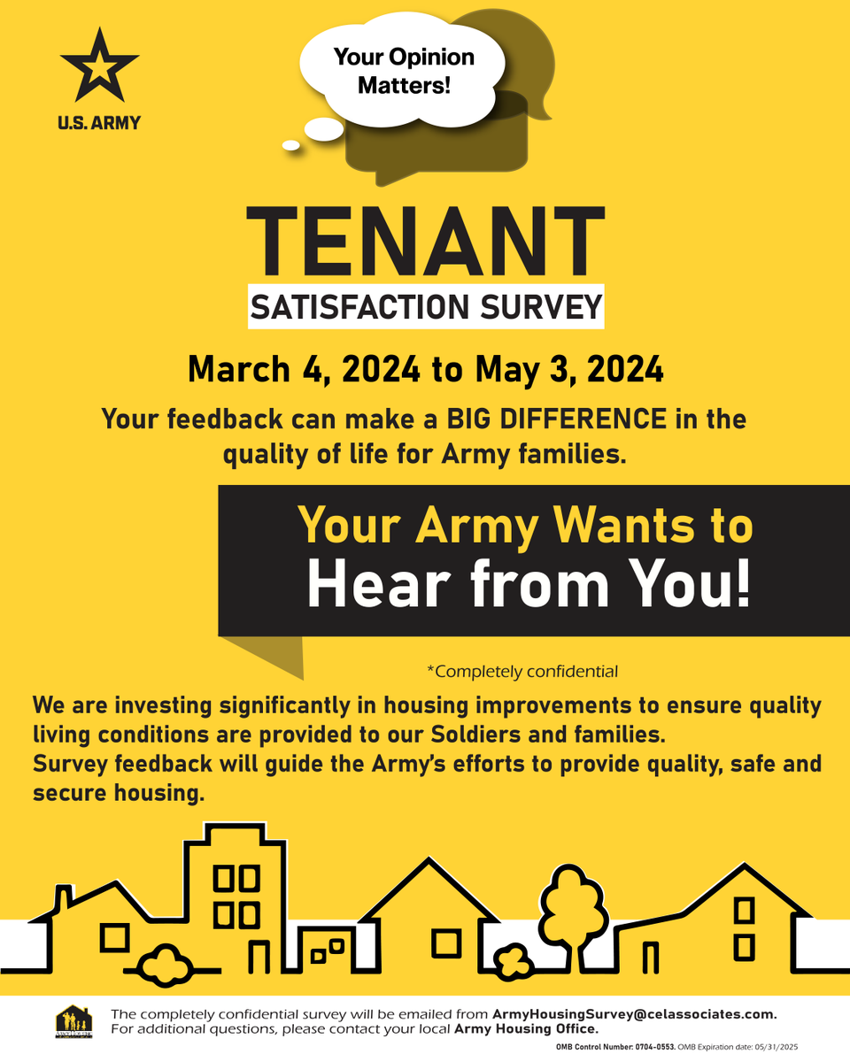 The Tenant Satisfaction Survey deadline is here. #USArmy residents have until this Friday to submit the survey that will guide our efforts to provide quality, safe and secure housing. The survey is confidential and voluntary. 🏠 More information ⤵️ army.mil/article/274233…