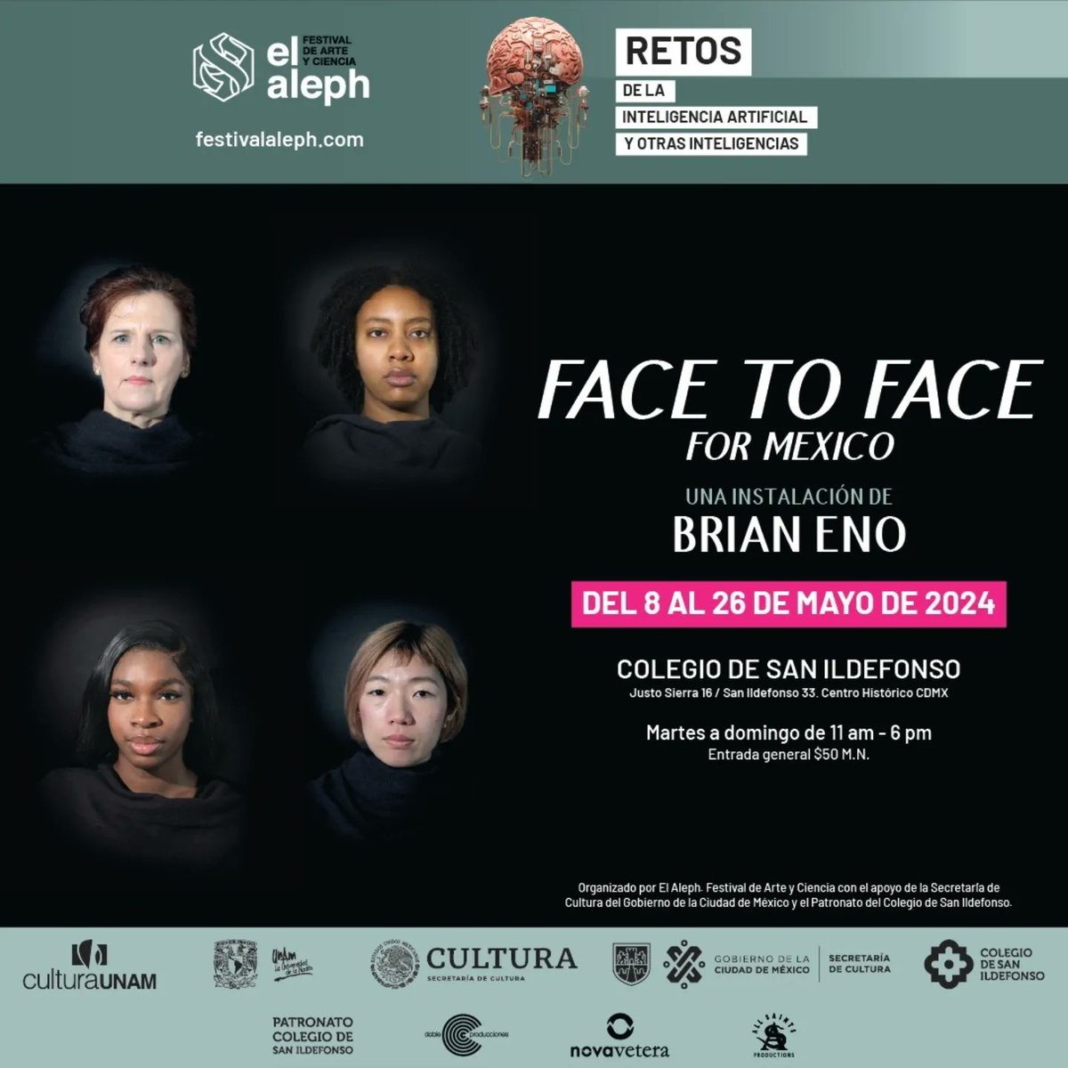 FACE TO FACE FOR MEXICO de Brian Eno es una instalación donde se sumerge en la exploración de patrones aleatorios para producir obras de arte inesperadas. 🎩 Inauguración 8MAY 6PM (Registro previo: eventbrite.com/e/face-to-face…) 👨🏻‍🦲 Brian Eno nos acompañará de manera virtual