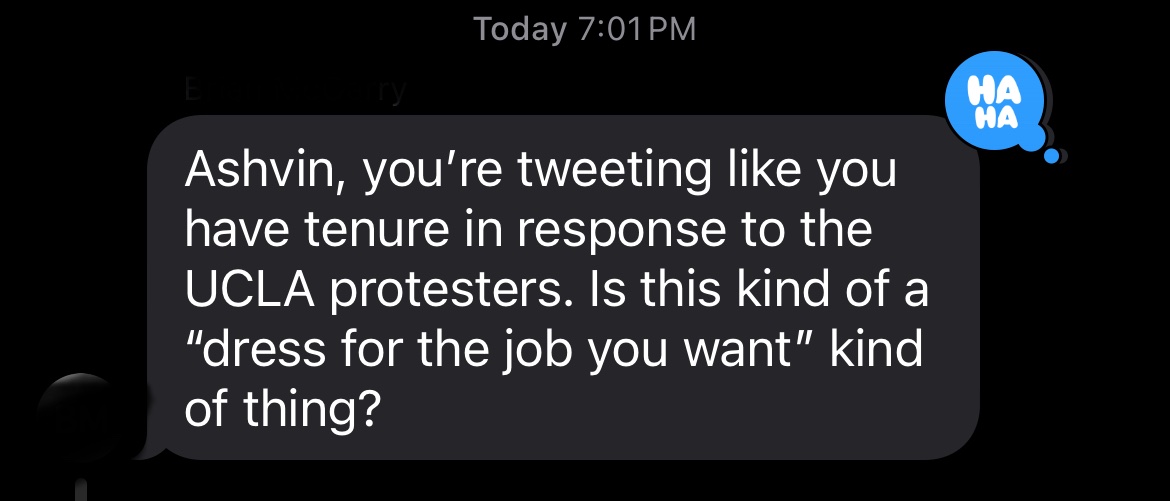 Look, guys… If my take of “only arrest the protesters committing violence/harassment or blocking buildings” is too woke, it’s a hill I’m willing to die on. We allowed mob violence one night and arrested 200 students/faculty the next. It would be wrong for me *not* to speak out.