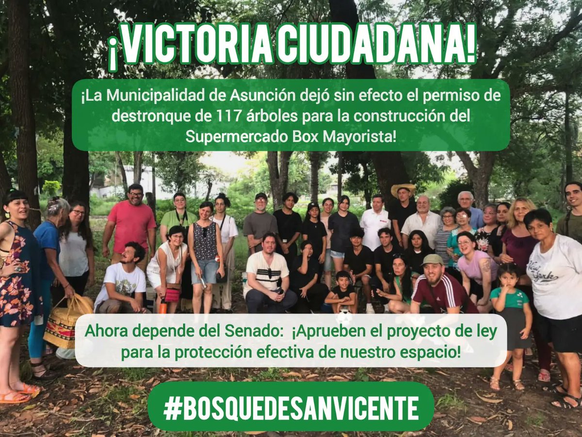 💚 ¡VICTORIA CIUDADANA! 💚

LA MUNICIPALIDAD DE ASUNCIÓN SUSPENDE LA CONSTRUCCIÓN DEL SUPERMERCADO BOX MAYORISTA EN EL ÚLTIMO PULMÓN VERDE DEL BARRIO SAN VICENTE

Hilo 👇🏾
#BosqueDeSanVicente