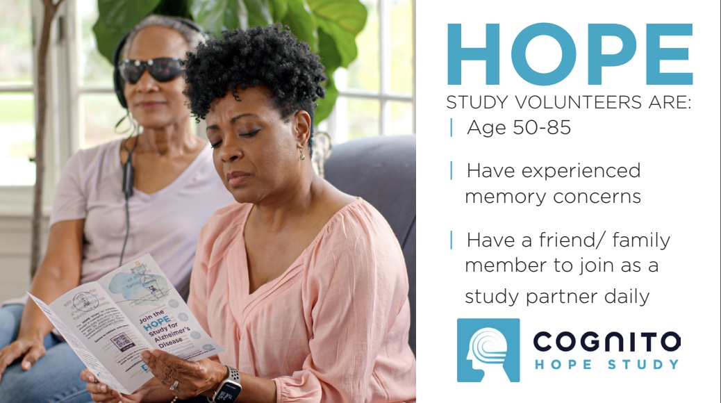 The HOPE study is evaluating a new, wearable device to potentially treat or slow the progression of Alzheimer’s disease using sensory stimulation. Learn more. (800) NEW-STUDY | Syrentis.com  #AlzheimersResearch #CognitiveHealth #BrainStimulation #ClinicalTrials