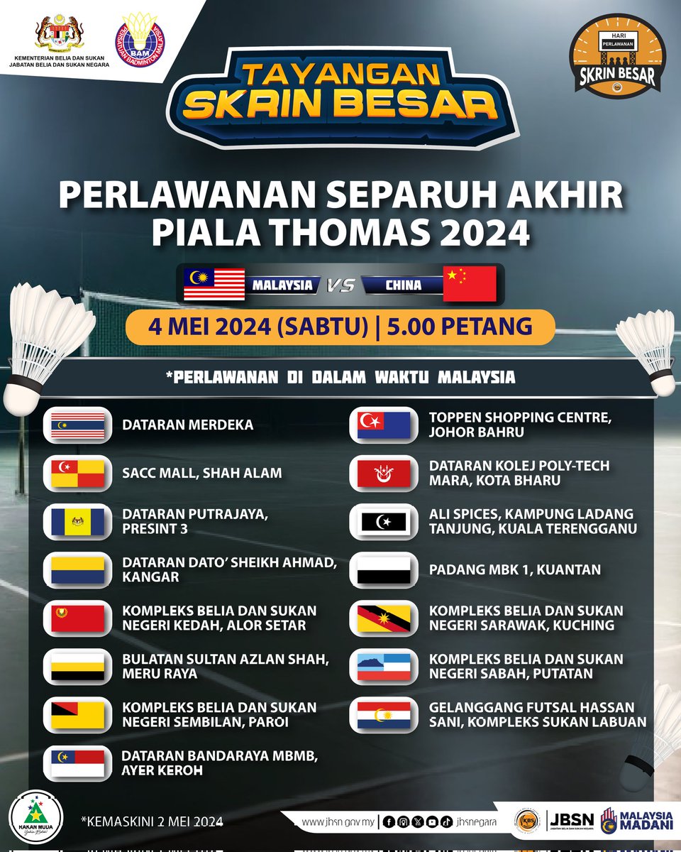 THOMAS CUP BIG SCREEN for Team Malaysia : @KBSMalaysia akan menyediakan BIG SCREEN untuk rakyat Malaysia mengikuti siaran separuh akhir Thomas Cup. Come out and cheer for our boys this Saturday!