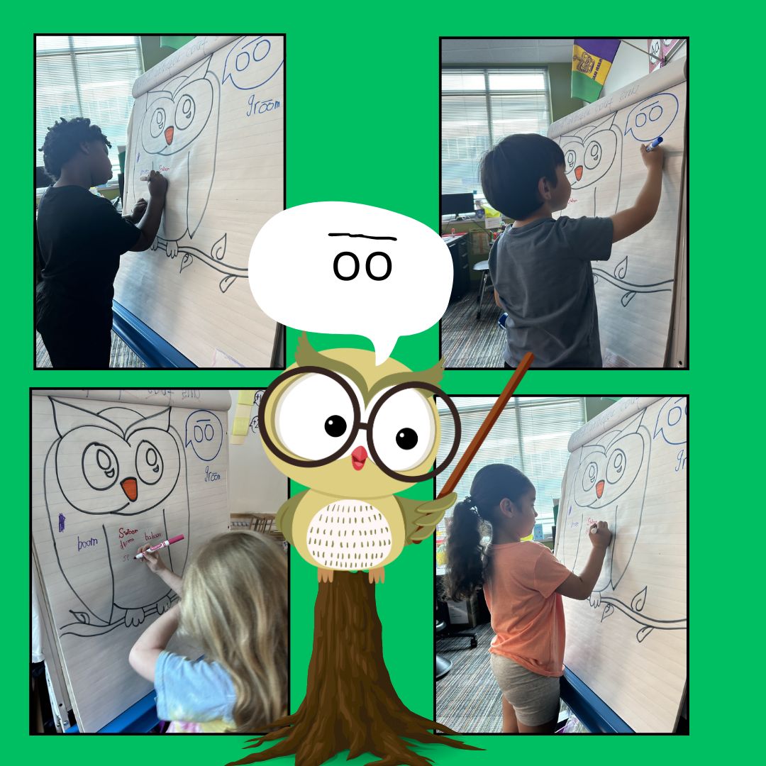 Fun in the classroom! Firsties @MatzkeElemCFISD  honed their reading skills today with a game of 'Oo the Owl!' 📚 Each drew cards with long 'oo' words, decoding them like pros before writing them on Oo the Owl. Learning + laughter = a hoot of a time! #MatzkeProud