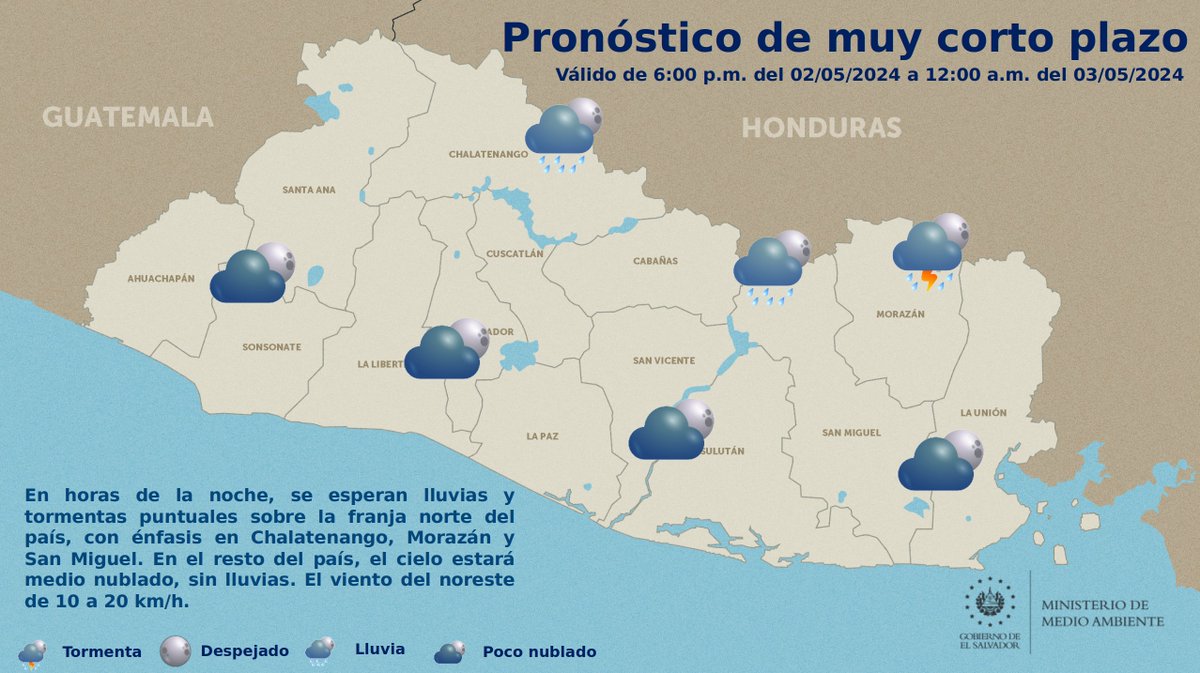 #EN6 | El ministerio de Medio Ambiente informa que en horas de la noche, se esperan lluvias y tormentas puntuales sobre la franja norte del país, con énfasis en Chalatenango, Morazán y San Miguel. En el resto del país, el cielo estará medio nubado, sin lluvias. #ClimaSV