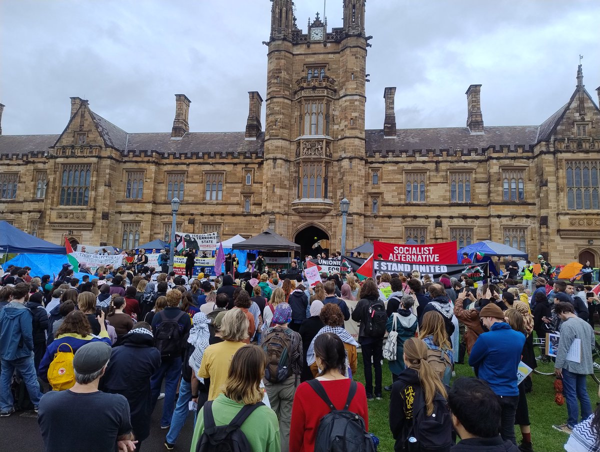 University of Sydney support rally Mass turnout, dwarfing zionist counter rally snubbed to far end of campus Divest from academic military ties, build the resistance against Australian institutional complicity with the Gazan Genocide