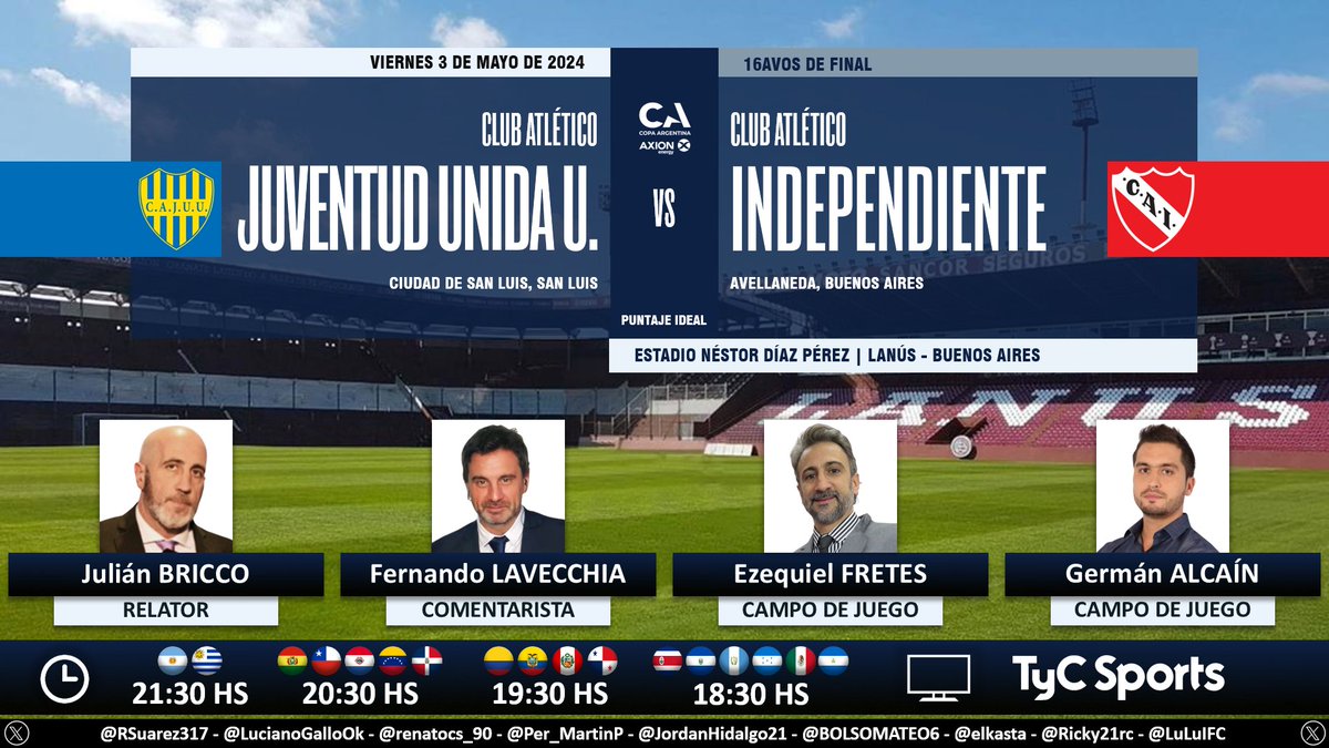 ⚽ #CopaArgentina 🇦🇷 | #JuventudUnidaSL vs. #Independiente 🎙 Relator: Julián Bricco 🎙 Comentarista: @Ferlavecchia 🎙 Campo de juego: Ezequiel Fretes y @AlcainG 📺 @TyCSports 🇦🇷 y @TyCSports Internacional 💻📱 @TyCSportsPlay 🇦🇷 🤳 #CopaArgentinaEnTyCSports Dale RT 🔃