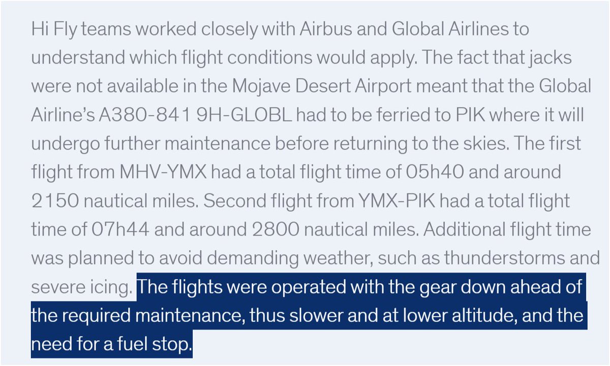 @MaxK_J Confirmation from HiFly that Global's A380 did, in fact, make the transit to Scotland with the gear locked down, because sufficient maintenance hardware was not available in Mojave to perform the necessary work there as it returned to service.

#AvGeek