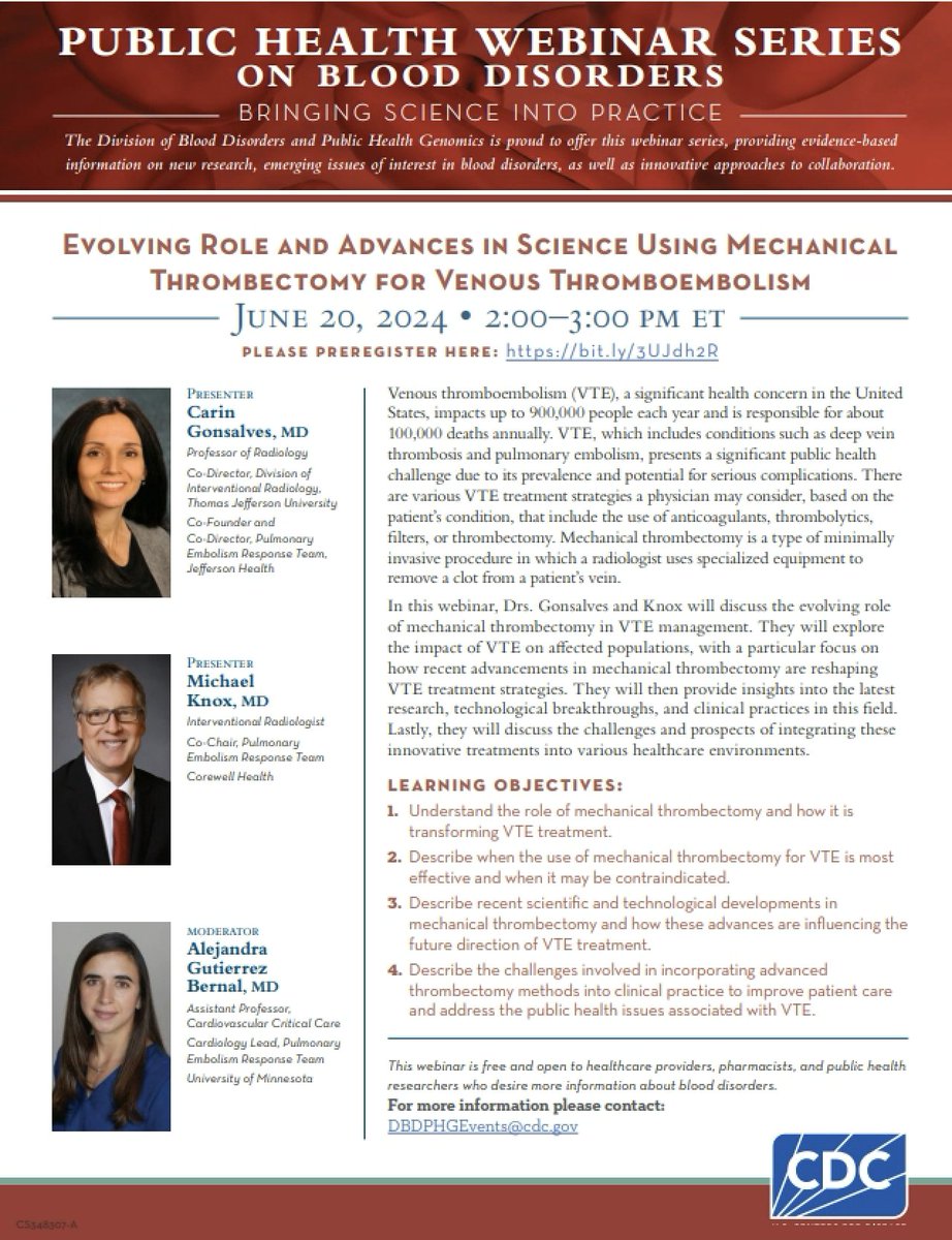 Extremely excited to be part of this @CDC_eHealth #VTE webinar 6/20/24!  Preregister now! @StopTheClot @TJUHospital @JeffersonUniv @JeffersonRads @JeffCVIR