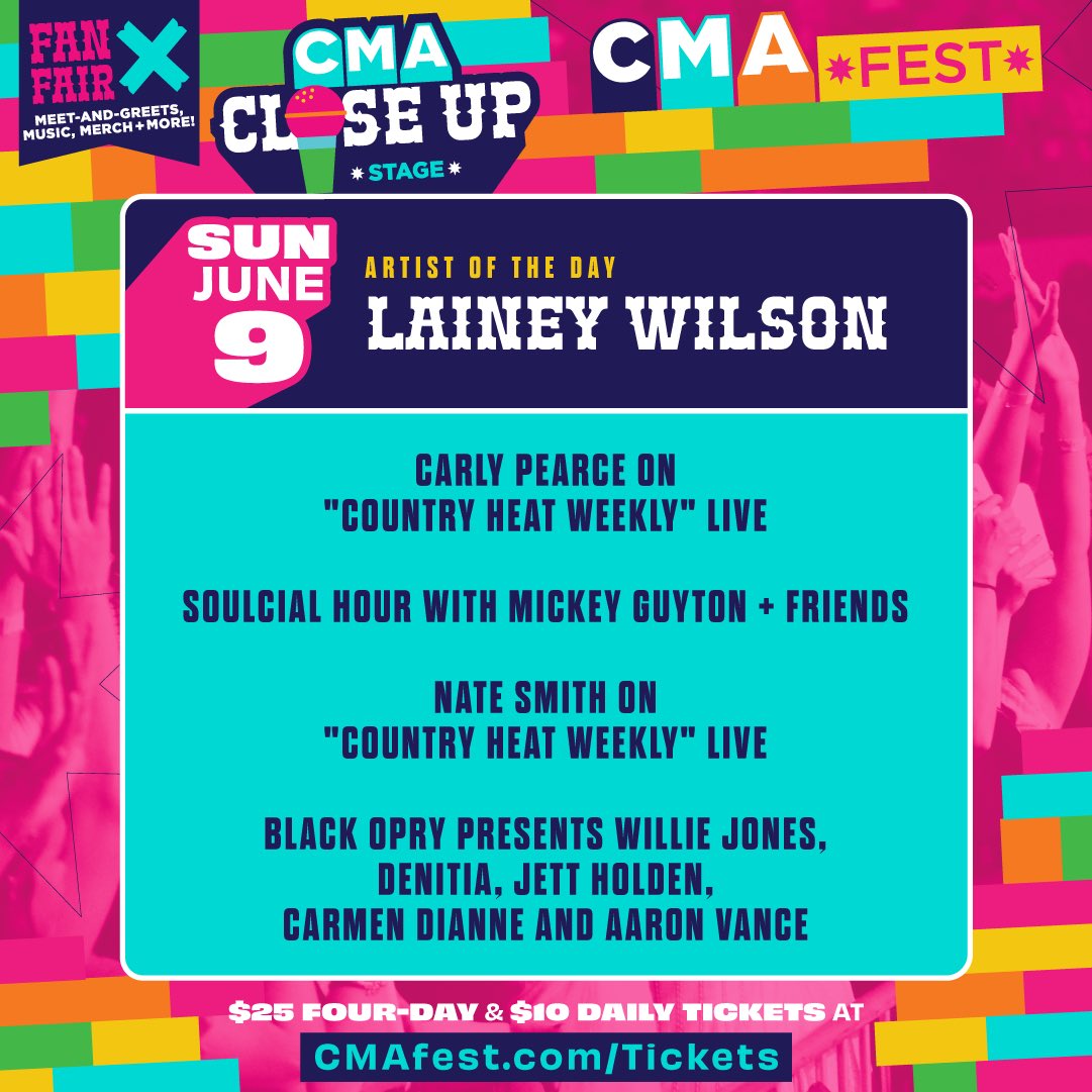 Excited for my first @cma Fest this year! I’m hosting a Meet & Greet at #CMAfest in Fan Fair X 6/7 from 10AM - 10:30AM. I’ll be playing with @BlackOpry on the CMA Close Up Stage 6/9. This is all to support the @cmafoundation😊✨ Tickets: cmafest.com/FanFairX/